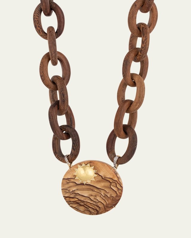 18K Yellow Gold Jasper on Wood Chain Necklace with Diamonds and Sun